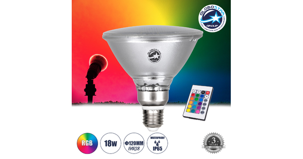 60233 Λάμπα LED E27 PAR38 Κήπου Σκληρού Υάλου 18W 1200lm 60° AC 220-240V IP65 Φ12 x Υ13cm - Εναλλαγή Φωτισμού μέσω Τηλεχειριστηρίου - Πολύχρωμο RGB