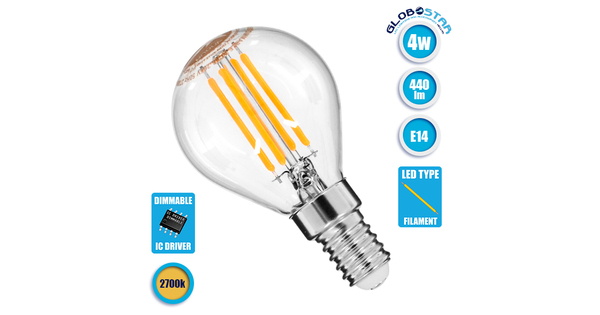 Λάμπα E14 G45 Γλομπάκι LED FILAMENT 4W 440 lm 320° AC 85-265V Edison Retro με Διάφανο Γυαλί Θερμό Λευκό 2700 K  99003