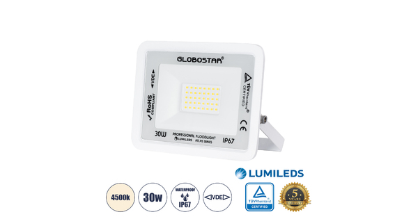 ATLAS 61414 Επαγγελματικός Προβολέας LED 30W 3600lm 120° AC 220-240V - Αδιάβροχος IP67 - Μ16 x Π2.5 x Υ12.5cm - Λευκό - Φυσικό Λευκό 4500K - LUMILEDS Chips - TÜV Rheinland Certified - 5 Years Warranty