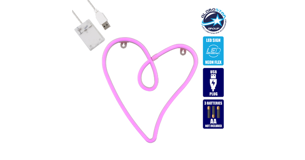 78594 Φωτιστικό Ταμπέλα Φωτεινή Επιγραφή NEON LED Σήμανσης CALLIGRAPHIC HEART LINE 5W με Καλώδιο Τροφοδοσίας USB - Μπαταρίας 3xAAA (Δεν Περιλαμβάνονται) - Ροζ