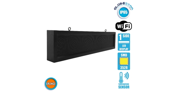 DISPLAY 90254 Κυλιόμενη Ψηφιακή Επιγραφή P10 Μονής Όψης LED AC 220-240V Αδιάβροχο IP65 Πορτοκαλί - WiFi Control μέσω FK APP - Αισθητήρας Θερμοκρασίας & Υγρασίας - Μ104 x Π9 x Υ24cm - 2 Χρόνια Εγγύηση