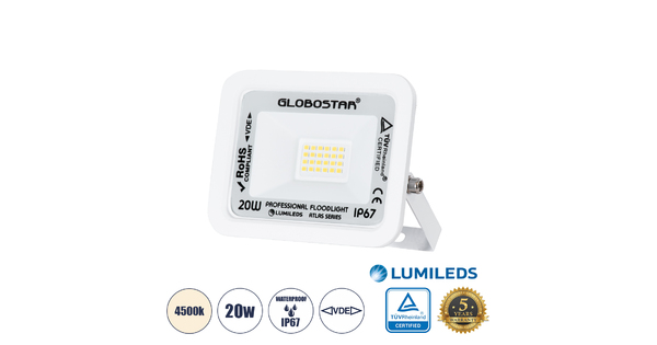 ATLAS 61408 Επαγγελματικός Προβολέας LED 20W 2400lm 120° AC 220-240V - Αδιάβροχος IP67 - Μ12 x Π2.5 x Υ9.5cm - Λευκό - Φυσικό Λευκό 4500K - LUMILEDS Chips - TÜV Rheinland Certified - 5 Years Warranty