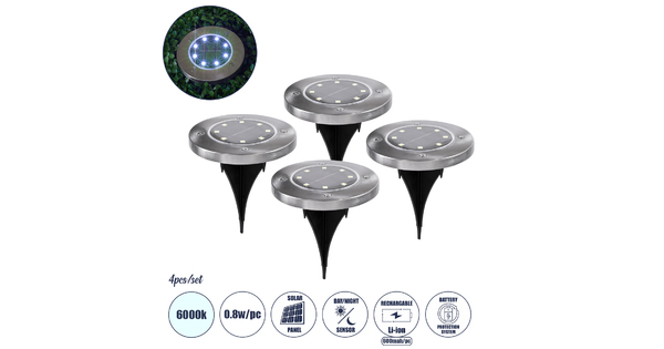 69929 ΣΕΤ 4 Τεμαχίων Αυτόνομα Ηλιακά Φωτιστικά LED SMD 0.80W/Τεμ. 80lm/Τεμ. με Ενσωματωμένη Μπαταρία 600mAh - Φωτοβολταϊκό Πάνελ με Αισθητήρα Ημέρας-Νύχτας Αδιάβροχο IP65 Φανάρι Κήπου Στρογγυλό Ψυχρό Λευκό 6000K Φ12 x Υ13cm