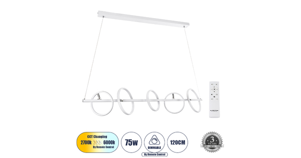 CIRCOLARE 61320 Κρεμαστό Φωτιστικό Οροφής Design LED CCT 75W 8400lm 360° AC 220-240V - Εναλλαγή Φωτισμού μέσω Τηλεχειριστηρίου All In One Ψυχρό 6000k+Φυσικό 4500k+Θερμό 2700k Dimmable Μ120 x Π25 x Υ25cm - Λευκό