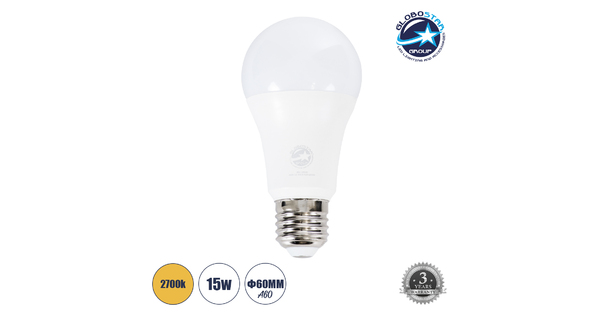 60035 Λάμπα LED E27 A60 Γλόμπος 15W 1410lm 260° AC 220-240V IP20 Φ6 x Υ11.9cm Θερμό Λευκό 2700K - 3 Years Warranty