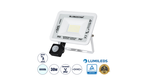 AURORA 61440 Επαγγελματικός Προβολέας LED 30W 3750lm 120° AC 220-240V με Ενσωματωμένο Ρυθμιζόμενο Αισθητήρα Κίνησης PIR - Αδιάβροχος IP67 - Μ16 x Π5 x Υ17.5cm - Λευκό - Ψυχρό Λευκό 6000K - LUMILEDS Chips - TÜV Rheinland Certified - 3 Years Warranty