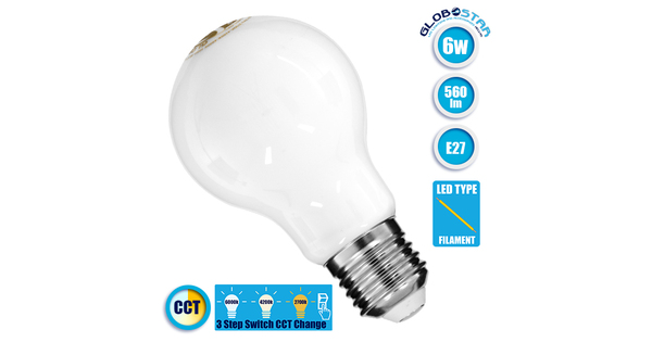 Λάμπα E27 A60 Γλόμπος LED CCT FILAMENT 6W 560 lm 320° AC 85-265V με Λευκό Γαλακτερό Γυαλί 3 Step Switch CCT Change Θερμό Λευκό - Φυσικό Λευκό - Ψυχρό Λευκό  99242