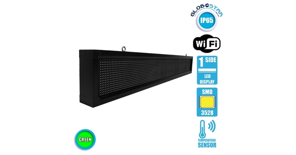 DISPLAY 90262 Κυλιόμενη Ψηφιακή Επιγραφή P10 Μονής Όψης LED AC 220-240V Αδιάβροχο IP54 Πράσινο - WiFi Control μέσω FK APP - Αισθητήρας Θερμοκρασίας & Υγρασίας - Μ168 x Π9 x Υ24cm - 2 Χρόνια Εγγύηση