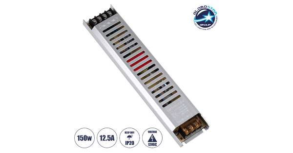 73027 Μεταλλικό Τροφοδοτικό PELV Ultra Slim για Προϊόντα LED 150W 12.5A - AC 220-240V σε DC 12V - IP20 L25.2 x W5.4 x H2.1cm - 3 Years Warranty