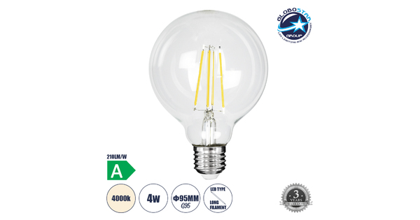 99092 Λάμπα LED Long Filament E27 G95 Γλόμπος 4W 840lm 360° AC 220-240V IP20 Φ9.5 x Υ13.8cm Φυσικό Λευκό 4000K με Διάφανο Γυαλί - Pro Series 210lm/W - A Ενεργειακή Κλάση - 3 Χρόνια Εγγύηση