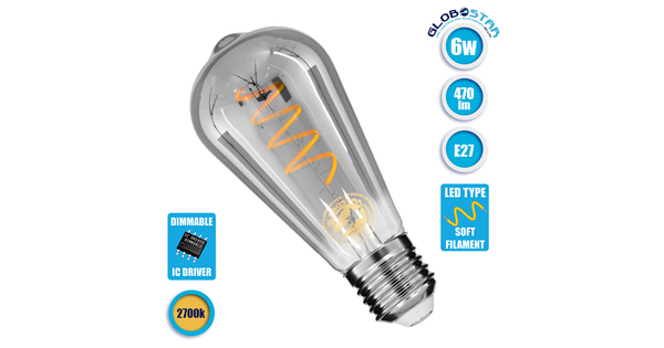 Λάμπα E27 ST64 Αχλάδι LED SOFT S SPIRAL FILAMENT 6W 470 lm 320° AC 85-265V Edison Retro με Φιμέ Γυαλί Θερμό Λευκό 2700 K  99145