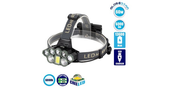 79062 Φακός Κεφαλής Επαναφορτιζόμενος LED CREE XML2-T6 Chip 60 Watt 6000lm με 2 x 18650 Μπαταρίες 13600mAh Ψυχρό Λευκό 6000K