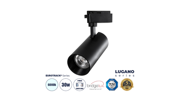 LUGANO 60815 Μονοφασικό Φωτιστικό Σποτ Ράγας LED 30W 3900lm 36° Acrylic HQ LENS AC 220-240V IP20 Φ7.5 x Υ22.7cm Ψυχρό Λευκό 6000K - EUROTRACKSystem 1L+1N - Μαύρο - Bridgelux Chip - TÜV Certified Driver - 5 Χρόνια Εγγύηση