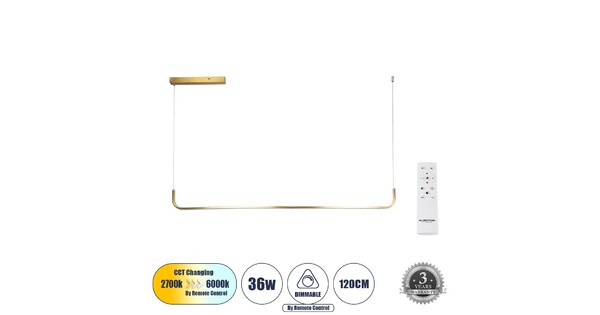 LINARIA 60923 Μοντέρνο Κρεμαστό Φωτιστικό Οροφής LED 36W 4150lm 180° AC 220-240V IP20 Ρυθμιζόμενο Λευκό CCT με Χειριστήριο από 2700K έως 6000K Dimmable - Lumileds SMD Chip - Χρυσό Βούρτσας - Μ120 x Π2 x Υ10cm - 3 Χρόνια Εγγύηση