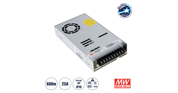 LRS-600-24 90788 MEANWELL Ρυθμιζόμενο Μεταλλικό Τροφοδοτικό PELV για Προϊόντα LED 600W 25A - AC 220-240V σε DC 24V - Ρυθμιζόμενο από 22.8VDC έως 26.4VDC - IP20 Μ22.5 x Π12.4 x Υ4.1cm - 3 Years Warranty