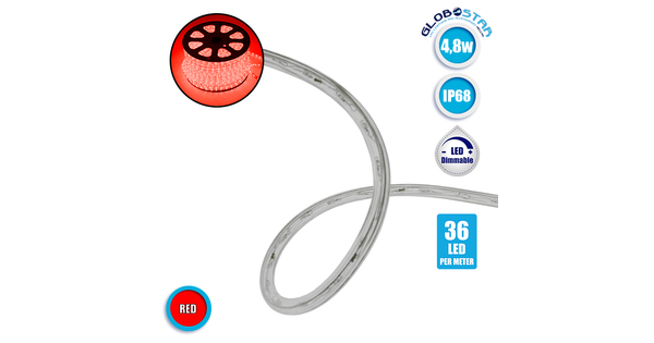Φωτοσωλήνας LED Διάφανος 1m 4.8W/m 230V 36 LED/m Δίοδος 12mm 250lm/m Αδιάβροχος IP68 Κόκκινο Dimmable  22515