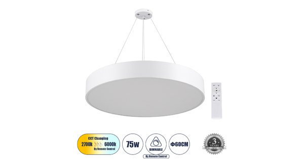BURTON 61203-P Κρεμαστή Πλαφονιέρα Οροφής LED CCT 75W 8625lm 120° AC 220-240V - Εναλλαγή Φωτισμού μέσω Τηλεχειριστηρίου All In One Ψυχρό 6000k+Φυσικό 4500k+Θερμό 2700k Dimmable Φ60cm - Λευκό