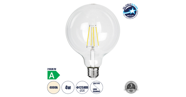 99093 Λάμπα LED Long Filament E27 G125 Γλόμπος 4W 840lm 360° AC 220-240V IP20 Φ12.5 x Υ13.8cm Φυσικό Λευκό 4000K με Διάφανο Γυαλί - Pro Series 210lm/W - A Ενεργειακή Κλάση - 3 Χρόνια Εγγύηση