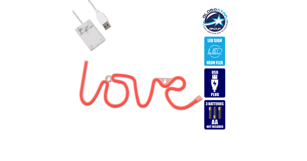 78587 Φωτιστικό Ταμπέλα Φωτεινή Επιγραφή NEON LED Σήμανσης LOVE 5W με Καλώδιο Τροφοδοσίας USB - Μπαταρίας 3xAAA (Δεν Περιλαμβάνονται) - Κόκκινο