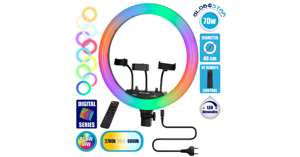 75805 Professional Digital Ring Light Φ46cm LED SMD 70W 7000lm 180° AC 230V με Καλώδιο Τροφοδοσίας Πρίζας - Ασύρματο Χειριστήριο RF 2.4Ghz Εναλλαγής Χρωμάτων & 3 Βάσεις Τηλεφώνου - Πολύχρωμ