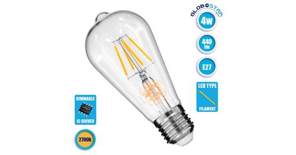 Λάμπα E27 ST64 Αχλάδι LED FILAMENT 4W 440 lm 320° AC 85-265V Edison Retro με Διάφανο Γυαλί Θερμό Λευκό 2700 K  99015