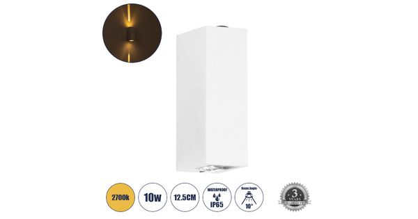 LINOR 60527 Φωτιστικό Τοίχου - Απλίκα Αρχιτεκτονικού Φωτισμού Εσωτερικού/Εξωτερικού Χώρου Up & Down LED 10W 1000lm 60° AC220-240V Αδιάβροχο IP65 - Σώμα Αλουμινίου & Tempered Glass - Μ12.5 x Π6 x Υ4cm - Θερμό Λευκό 2700K - Λευκό - Bridgelux Chip - 5 Years Warranty