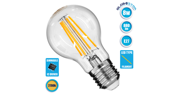 Λάμπα E27 A60 Γλόμπος LED FILAMENT 8W 880 lm 320° AC 85-265V Edison Retro με Διάφανο Γυαλί Θερμό Λευκό 2700 K  99007