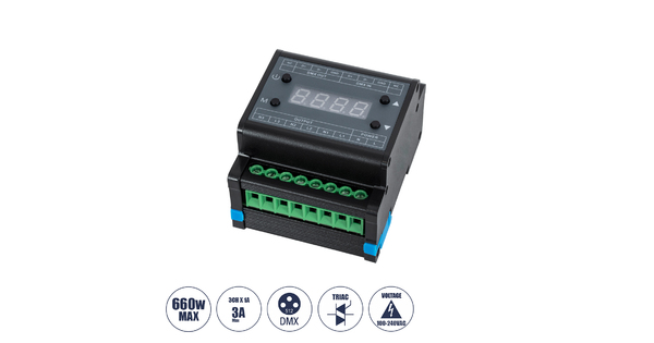73372 AC Triac DMX Dimmer Din Rail Ράγας 3 Καναλιών AC 100-240V 3 x 1A 220W - Max 3A 660W - IP20 Μ8 x Π9 x Υ6cm - 5 Years Warranty