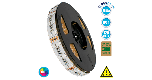 70279 Διπλή Ταινία LED SMD 5050 5m 28.8W/m 120LED/m 2908 lm/m 120° DC 24V IP20 RGB - 5 Χρόνια Εγγύηση