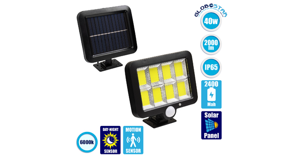 71464 Αυτόνομος Ηλιακός Προβολέας LED 160 8 x COB 40W 2000lm με Ενσωματωμένη Μπαταρία 2400mAh - Φωτοβολταϊκό Πάνελ με Αισθητήρα Ημέρας-Νύχτας - PIR Αισθητήρα Κίνησης Αδιάβροχο IP65 Ψυχρό Λευκό 6000K