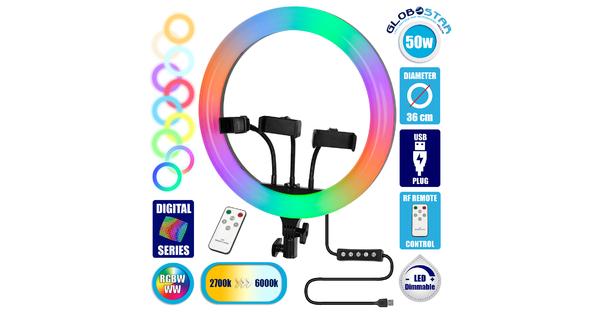75803 Professional Digital Ring Light Φ36cm LED SMD 50W 5000lm 180° DC 5V με Καλώδιο Τροφοδοσίας USB - Ενσωματωμένο και Ασύρματο Χειριστήριο RF 2.4Ghz Εναλλαγής Χρωμάτων & 3 Βάσεις Τηλεφώνο