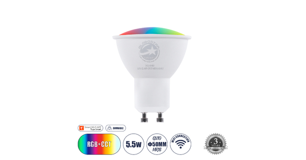 60487 Έξυπνο Σποτ LED GU10 MR16 Smart Home Wifi  5.5W 550lm 120° AC 220-240V IP20 Φ5 x Υ6.5cm RGB+CCT - Εναλλαγή Φωτισμού & Dimming μέσω Εφαρμογής Tuya - Bridgelux Chip - 3 Χρόνια Εγγύηση