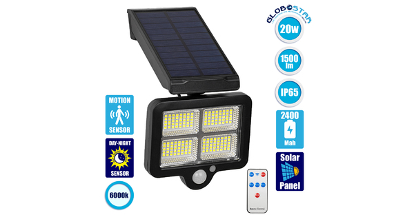 71483 Αυτόνομος Ηλιακός Προβολέας LED SMD 20W 1500lm με Ενσωματωμένη Μπαταρία 2400mAh - Φωτοβολταϊκό Πάνελ με Αισθητήρα Ημέρας-Νύχτας - PIR Αισθητήρα Κίνησης και Ασύρματο Χειριστήριο IR Αδιάβροχο IP65 Ψυχρό Λευκό 6000K