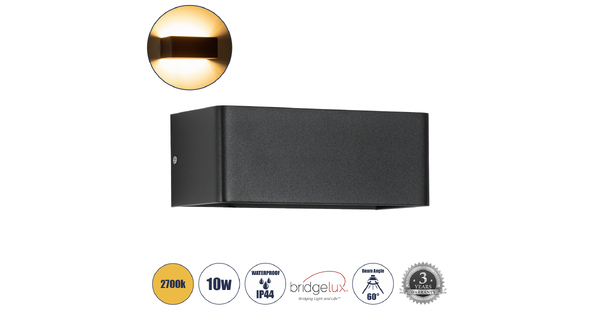 CIRCOA 60544 Μοντέρνο Φωτιστικό Τοίχου - Απλίκα LED 10W 1000lm 60° AC 220-240V Αδιάβροχο IP44 Θερμό Λευκό 2700K - Bridgelux COB Chip & TÜV SÜD Driver - Μαύρο Ματ - Μ20 x Π8 x Υ10cm - 5 Χρόνια Εγγύηση
