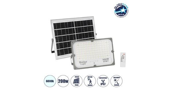 LUMOVOX 73068 Προβολέας LED 200W 10000lm 120° DC 5V με Φωτοβολταϊκό Panel 5V 12W & Επαναφορτιζόμενη Μπαταρία Li-ion 3.2V 10000mAh Αδιάβροχο IP65 Ψυχρό Λευκό 6000K - 180 x SMD2835 Sanan Chip - Γκρι Ανθρακί - Μ29 x Π0 x Υ19cm - 2 Χρόνια Εγγύηση