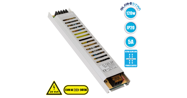 73015 Μεταλλικό Τροφοδοτικό PELV Ultra Slim για Προϊόντα LED 120W 5A - AC 220-240V σε DC 24V - IP20 Μ22.5 x Π5.4 x Υ2.1cm - 3 Years Warranty