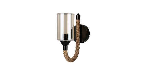 RIFT 203-0002 Vintage Επιτοίχιο Φωτιστικό Απλίκα Σχοινί Μονόφωτο 1 x E27 IP20 Μαύρο Μέταλλο με Μπεζ Σχοινί με Φιμέ Γυαλί - Μ22.5 x Π22.5 x Υ28.5cm