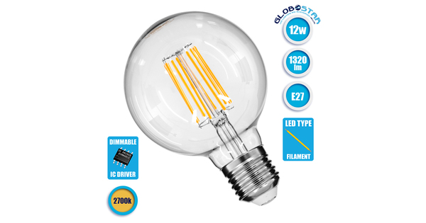 Λάμπα E27 G95 Γλόμπος LED LONG FILAMENT 12W 1320 lm 320° AC 85-265V Edison Retro με Διάφανο Γυαλί Θερμό Λευκό 2700 K  99011