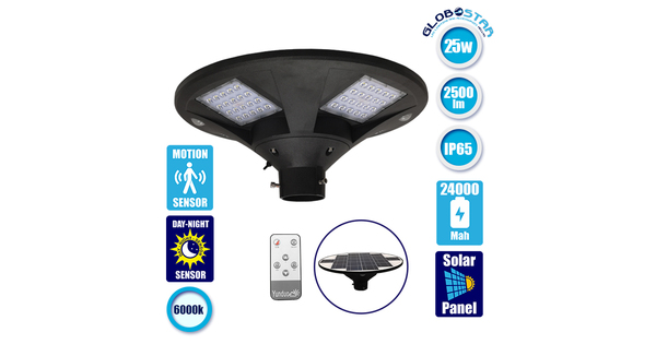Αυτόνομο Αδιάβροχο IP65 Ηλιακό Φωτοβολταϊκό Φωτιστικό LED 25W με Ανιχνευτή Κίνησης, Αισθητήρα Νυχτός και Ασύρματο Χειριστήριο Ψυχρό Λευκό  12112