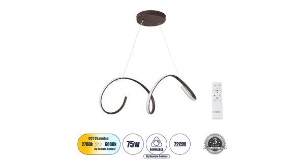 SPIRALE 61287 Κρεμαστό Φωτιστικό Οροφής Design LED CCT 75W 8400lm 300° AC 220-240V - Εναλλαγή Φωτισμού μέσω Τηλεχειριστηρίου All In One Ψυχρό 6000k+Φυσικό 4500k+Θερμό 2700k Dimmable Μ72 x Π25 x Υ18cm - Καφέ