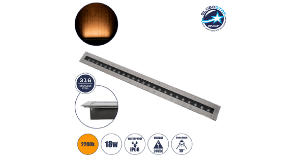 UNDERGROUND-REMVI 90194-Y Χωνευτή Μπάρα Φωτισμού Wall Washer LED 18W 1890lm 10° DC 24V Αδιάβροχο IP68 Ultra Θερμό Λευκό 2200K Dimmable - Bridgelux SMD Chip - Ανοξείδωτο Ατσάλι SS316 - Μ100 x Π9 x Υ7.2cm / Q98.2 x 7.6cm - 3 Χρόνια Εγγύηση