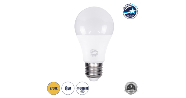 60026 Λάμπα LED E27 A60 Γλόμπος 8W 880lm 260° AC 220-240V IP20 Φ6 x Υ11cm Θερμό Λευκό 2700K - 3 Years Warranty