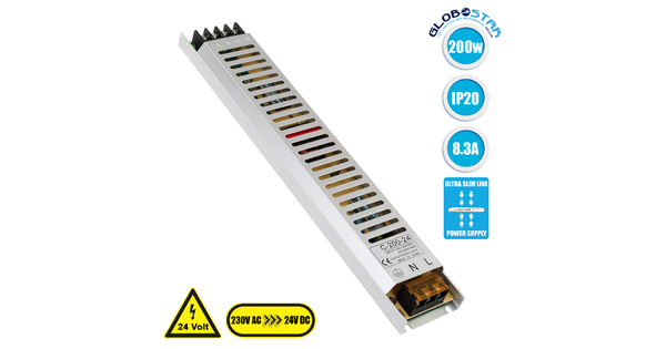 73017 Μεταλλικό Τροφοδοτικό PELV Ultra Slim για Προϊόντα LED 200W 8.3A - AC 220-240V σε DC 24V - IP20 Μ31 x Π5.4 x Υ2.3cm - 3 Years Warranty