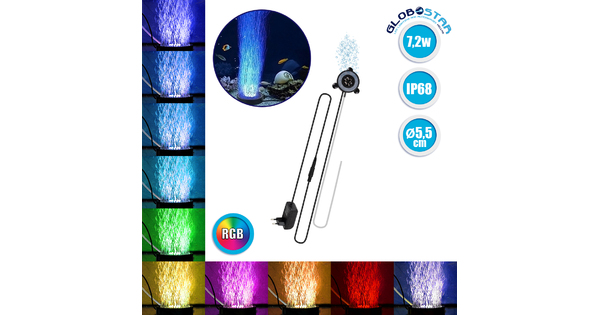 79682 Φωτιστικό Ενυδρείου & Οξυγονωτής / Μηχανισμός Φυσαλίδων Φ5.5cm LED 7.2W 180° AC 230V Αδιάβροχο IP68 Πολύχρωμο RGB