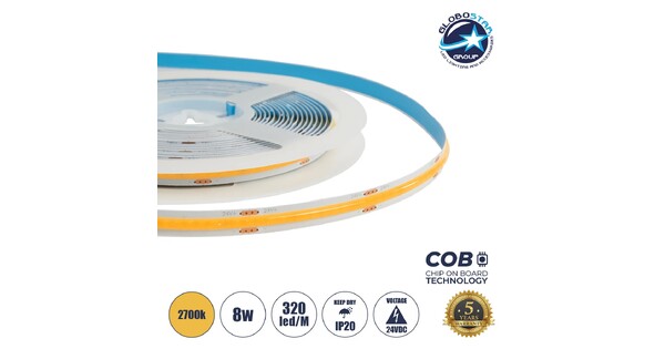BEE 70361 Ταινία LED 8W/m 720lm/m 120° DC 24V IP20 320 x COB Chip/m Θερμό Λευκό 2700K Dimmable - Μ500 x Π0.8 x Υ0.2cm - Ρολό 5 Μέτρων - 5 Χρόνια Εγγύηση