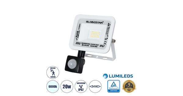 AURORA 61438 Επαγγελματικός Προβολέας LED 20W 2500lm 120° AC 220-240V με Ενσωματωμένο Ρυθμιζόμενο Αισθητήρα Κίνησης PIR - Αδιάβροχος IP67 - Μ12 x Π5 x Υ14.5cm - Λευκό - Ψυχρό Λευκό 6000K - LUMILEDS Chips - TÜV Rheinland Certified - 3 Years Warranty
