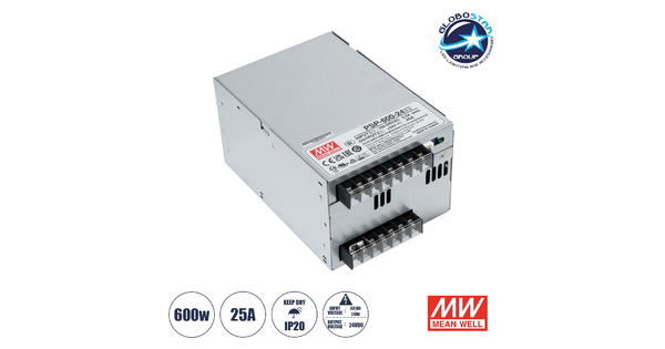 PSP-600-24 90791 MEANWELL Ρυθμιζόμενο Μεταλλικό Τροφοδοτικό PELV για Προϊόντα LED 600W 25A - AC 220-240V σε DC 24V - Ρυθμιζόμενο από 20VDC έως 26.4VDC - IP20 Μ17 x Π12 x Υ9.3cm - 3 Years Warranty