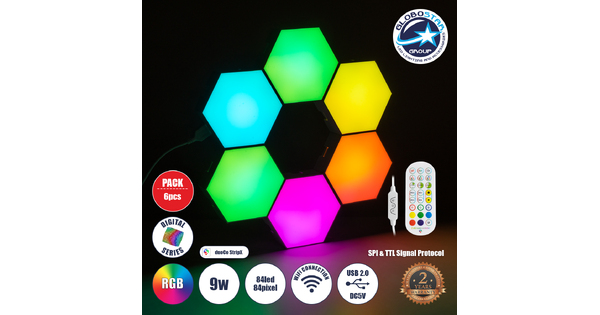 DIGIOCTA 90448 Σετ 6 Ψηφιακων LED RGB Φωτιστικών Κυψελών με Ψηφιακό Controller με WiFi Smart APP & Ασύρματο Χειριστήριο RF 2.4Ghz - LED SMD 5050 9W/Σετ 84PIXEL/Σετ 720lm/Σετ 120° DC 5V με USB 2.0 IP20 Πολύχρωμο RGB - Dimmable - Μ10.5 x Π10.5 x Υ3cm Ανά Κυψέλη - 2 Χρόνια Εγγύηση