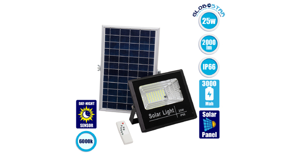 HERMES 71554 Προβολέας LED 25W 250lm 120° DC 5V με Φωτοβολταϊκό Panel 5V 4W & Επαναφορτιζόμενη Μπαταρία Li-ion 3.2V 3000mAh Αδιάβροχο IP65 Ψυχρό Λευκό 6000K - Sanan Chip - Μαύρο - Μ19.5 x Π5 x Υ4.8cm - 2 Χρόνια Εγγύηση