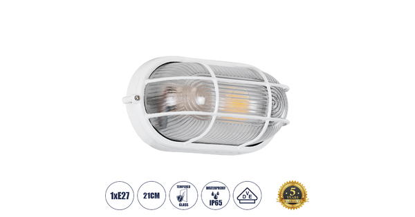 BOATLIGHT 61582 Vintage Industrial Φωτιστικό Τοίχου - Απλίκα - Καραβοχελώνα Εξωτερικού Χώρου Μονόφωτο 1 x E27 AC220-240V Αδιάβροχο IP65 - Σώμα Αλουμινίου & Tempered Glass - Μ21 x Π10.4 x Υ9cm - Λευκό - Οβάλ - 5 Years Warranty